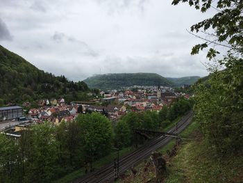 High angle view of town against sky