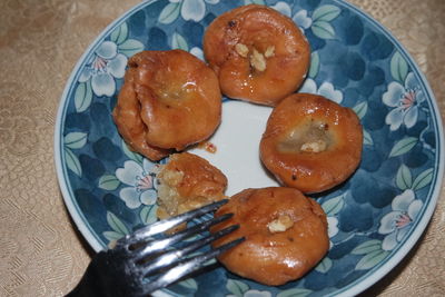 High angle view of breakfast in plate on table