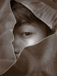 Portrait of woman looking through leaves