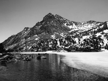 Scenic view of snowcapped mountains against clear sky