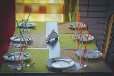 View of well arranged place sitting in cafe