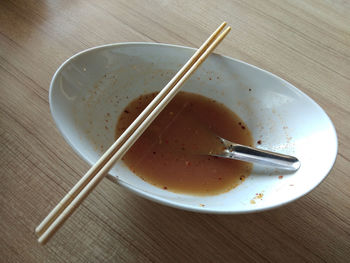 High angle view of bread in bowl on table