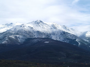 Scenic view of mountains against cloudy sky