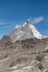 Scenic view of snowcapped mountains against clear blue sky