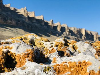 Low angle view of rocks against clear sky