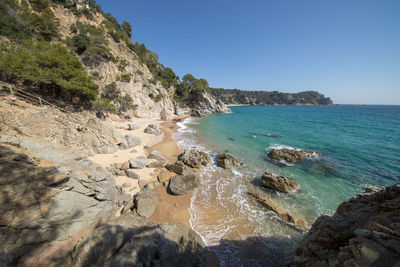 Scenic view of sea against clear blue sky