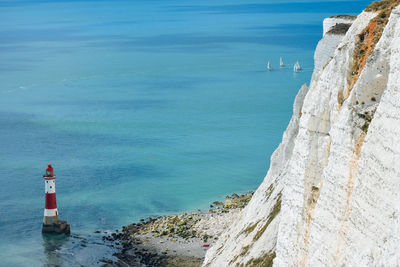 High angle view of lighthouse by sea