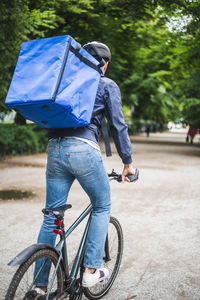 Rear view of man riding bicycle on road