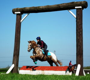 Man riding horse against sky