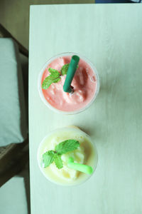 High angle view of ice cream in glass on table