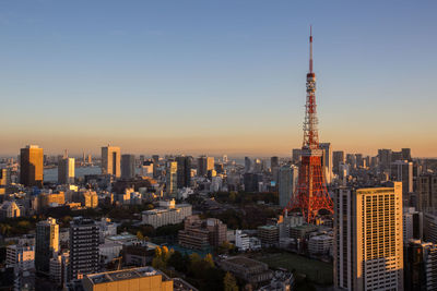 Aerial view of city against blue sky