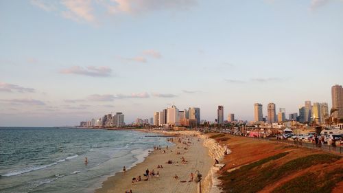 Panoramic view of beach against sky during sunset