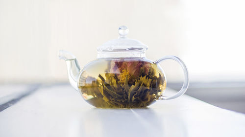 Close-up of tea in glass on table