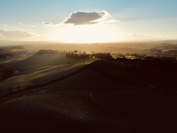 Aerial view of landscape against sky during sunset