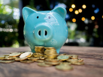 Close-up of coins on table