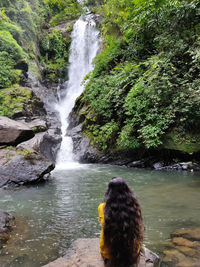 Rear view of boy standing in waterfall