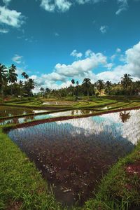 Scenic view of lake against cloudy sky