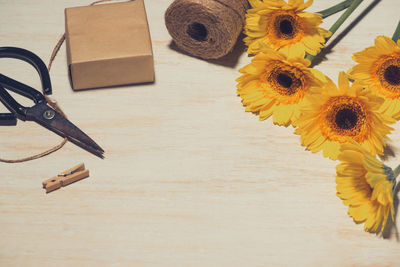 High angle view of sunflower on table