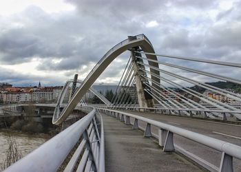 View of suspension bridge against cloudy sky