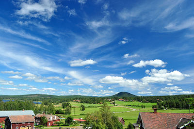 Houses by trees against sky
