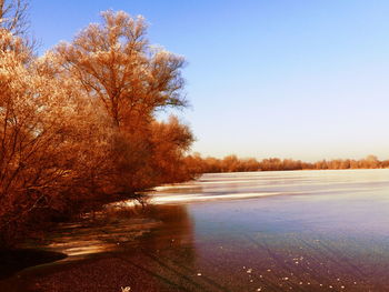 Scenic view of lake against clear sky during winter