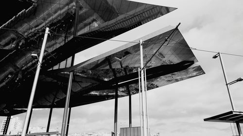 Low angle view of flags against sky