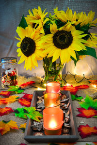 Close-up of sunflowers on table