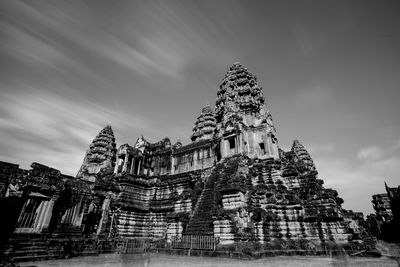 Black and white of angkor wat temple main tower view from low angle