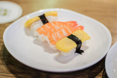 Close-up of sushi served in plate on table