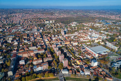 High angle shot of townscape against sky