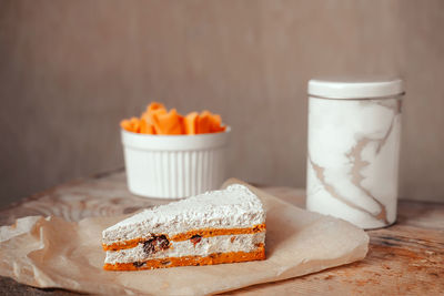 Piece of carrot cake. vegan dessert. gluten-free cake, sugar-free and milk-free. healthy food. 