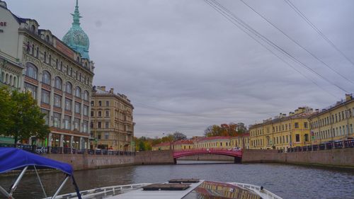 Bridge over river against buildings in city