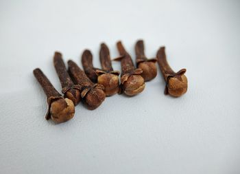 Close-up of coffee beans on table against white background