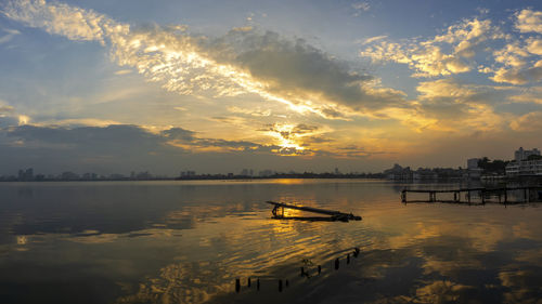 Scenic view of lake against sky during sunset