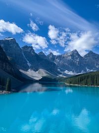 Scenic view of lake by mountains against sky