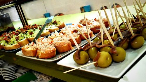 Close-up of served food in tray