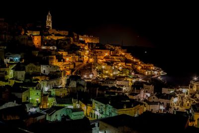 High angle view of town at night