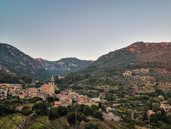 High angle view of mountain against clear sky