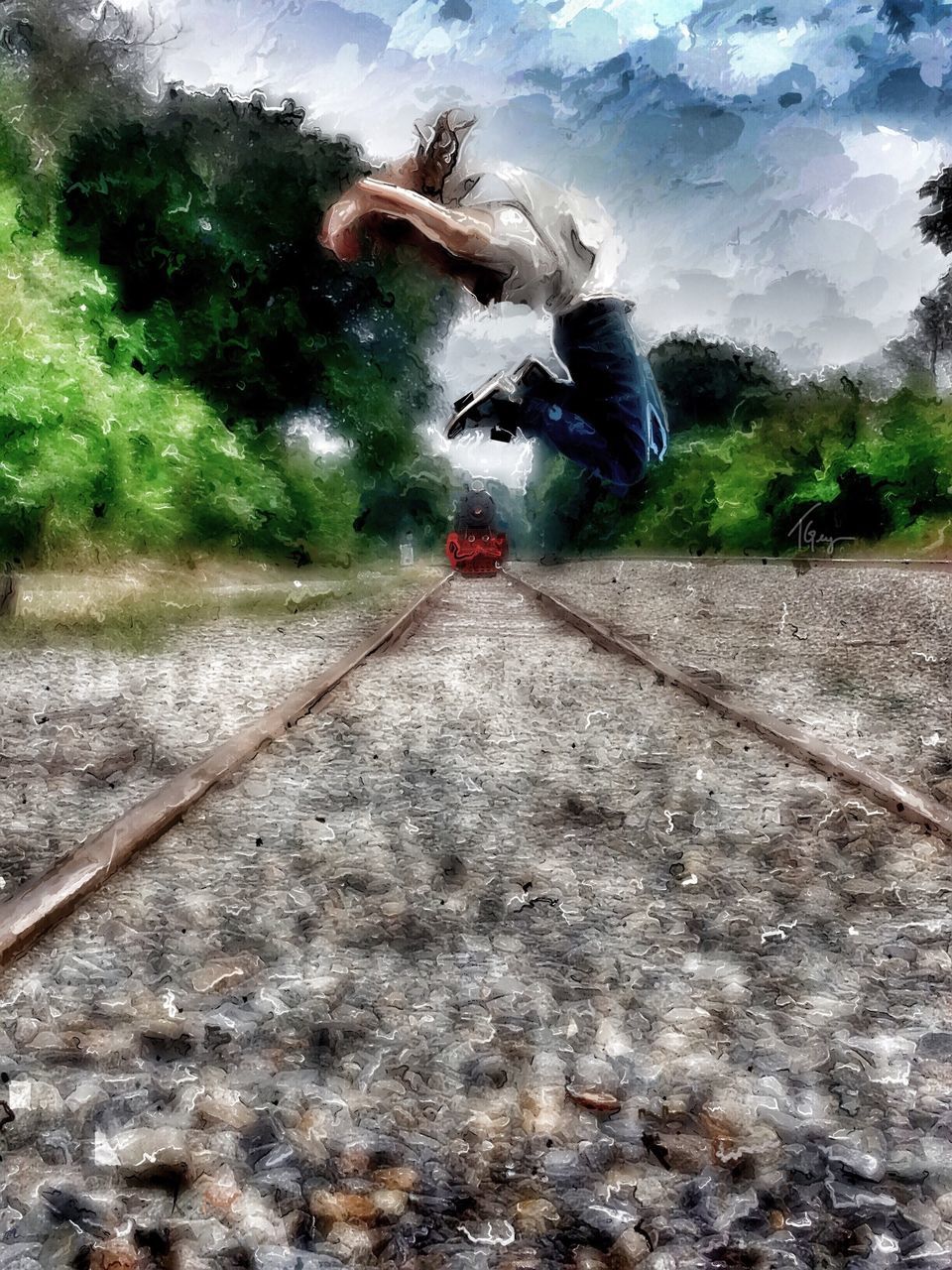 transportation, railroad track, animal themes, rail transportation, road, sky, one animal, the way forward, day, motion, public transportation, cloud - sky, domestic animals, outdoors, street, high angle view, no people, mode of transport, nature, blurred motion