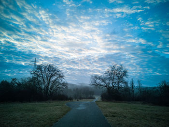 Road amidst trees on field against sky