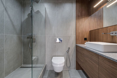 Grey modern toilet with wooden furniture and white toilet