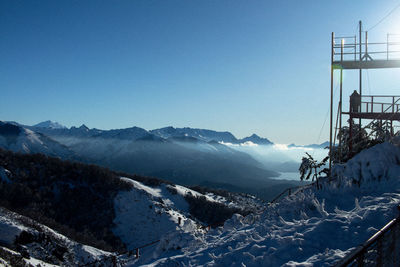 Scenic view of snowcapped mountains against clear blue sky