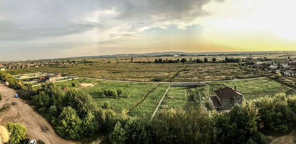 High angle view of field against sky