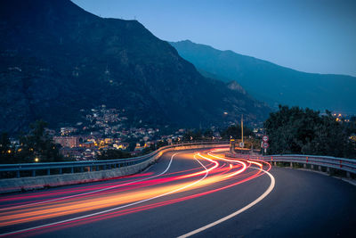 Light trails on road at night