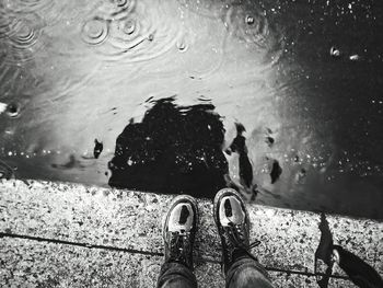 Reflection of people in puddle