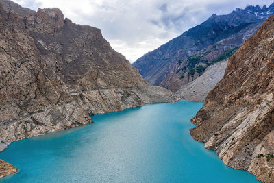 Panoramic view of lake and mountains against sky