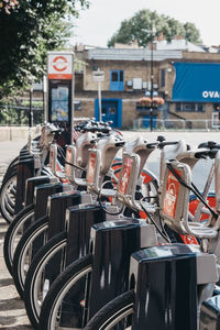 Bicycles parked on road in city