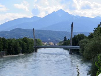 Scenic view of river and mountains against sky