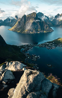 Scenic view of norwegian mountains, fjords, and reine. ideal for travel and landscape showcases.