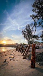 Scenic view of beach against sky during sunset